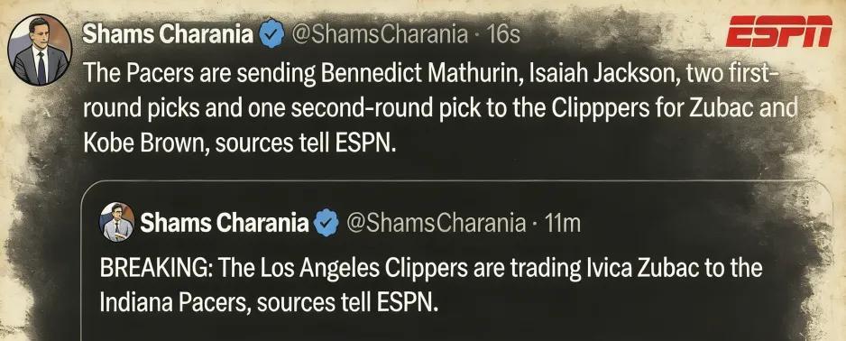 星空体育-再见了，祖巴茨！2换5交易达成，快船这次赢麻了